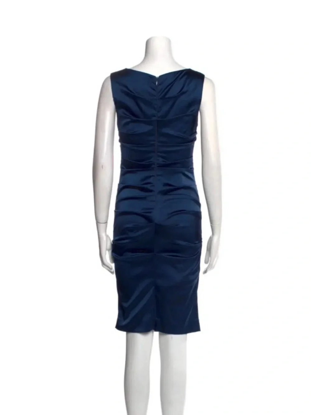 Nicole Miller Navy Satin Ruched Midi Dress Sz 8 - Picture 3 of 12